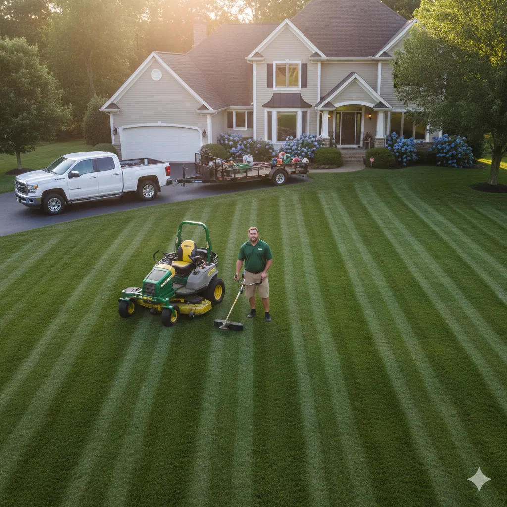 Professional lawn maintenance service showing freshly mowed grass