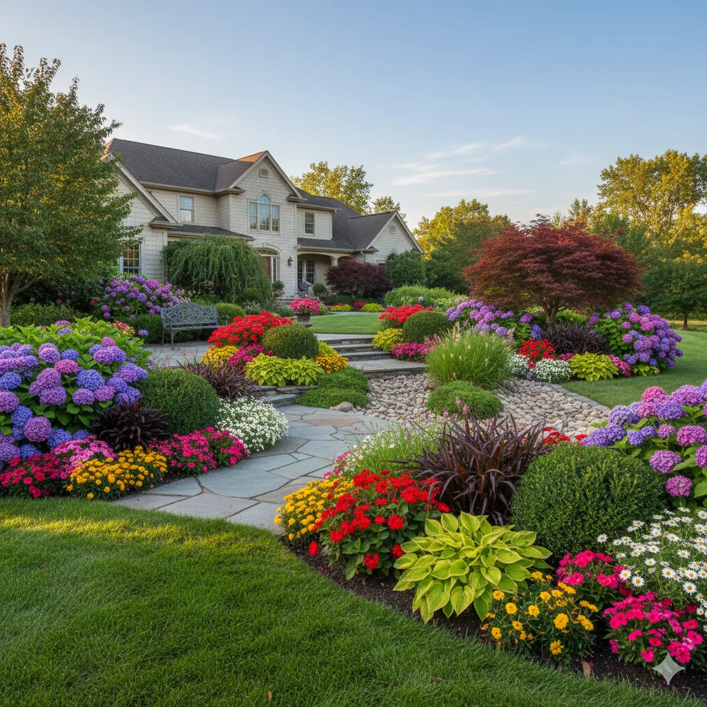 Beautiful landscape design with colorful flowers and shrubs