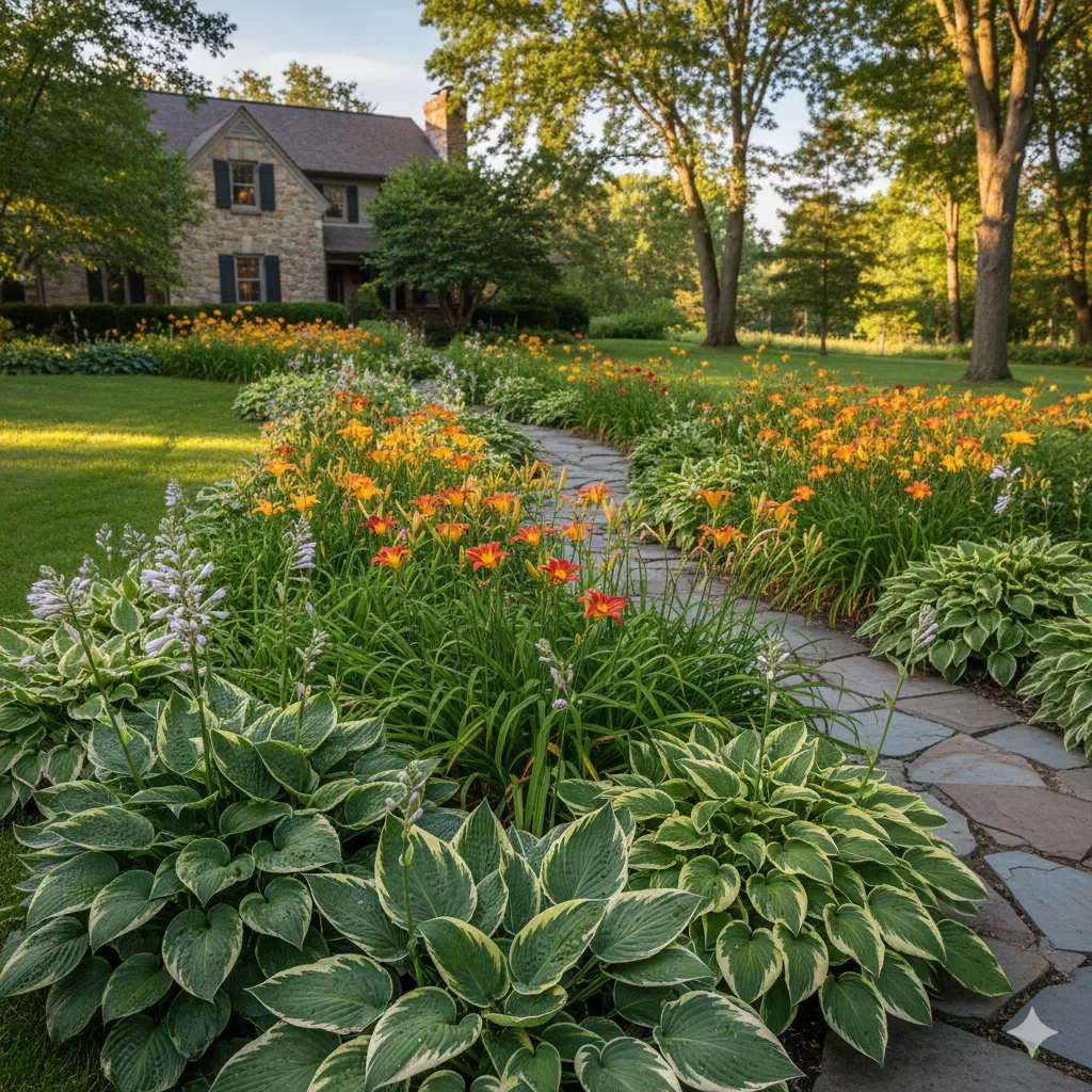 Beautiful perennial garden with hostas and daylilies