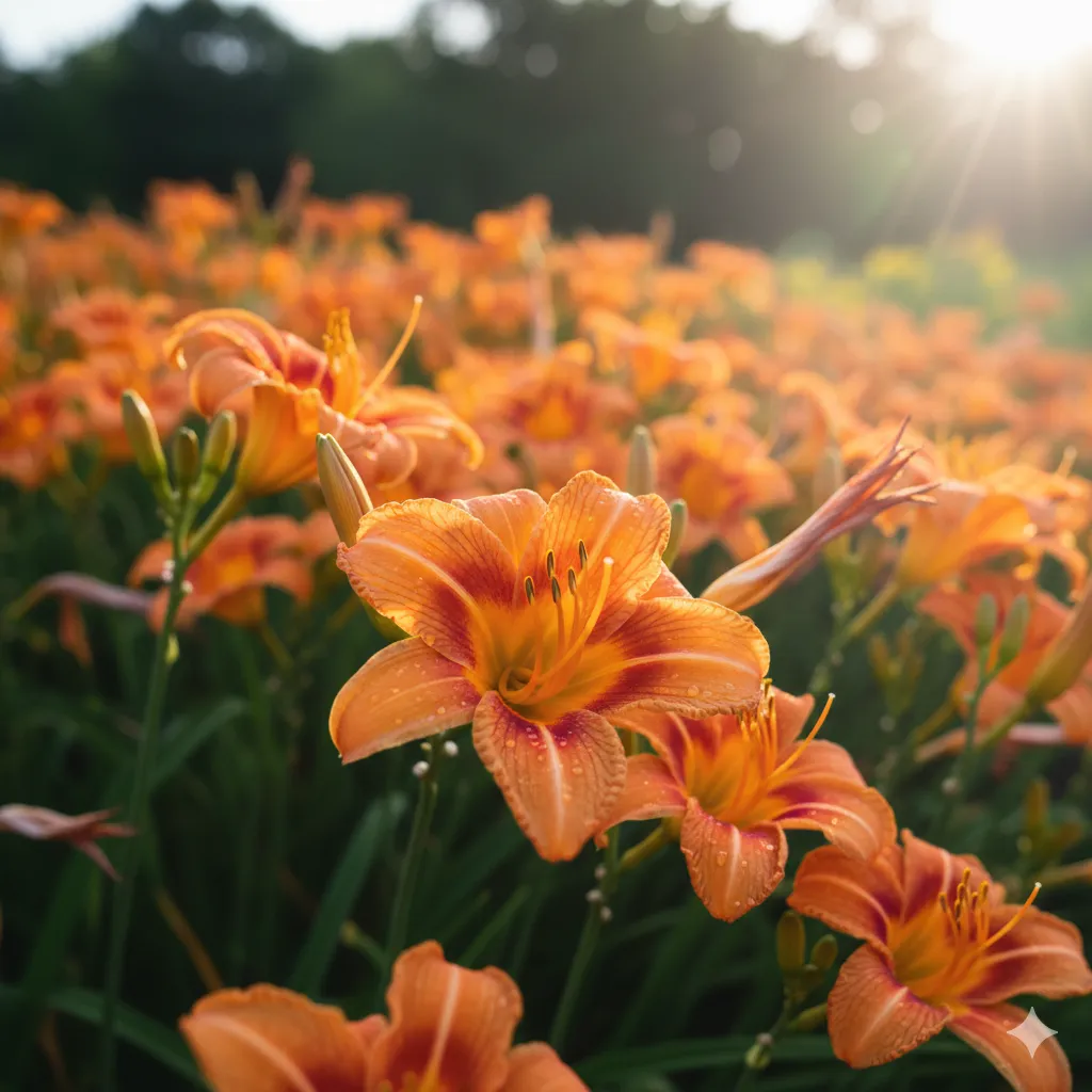 Vibrant orange and yellow daylily flowers in full bloom