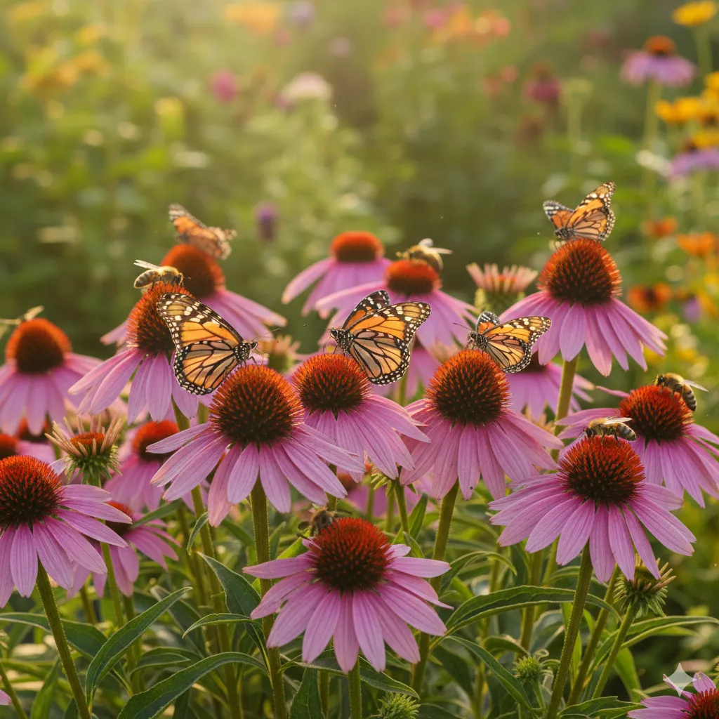 Purple coneflowers attracting butterflies and bees