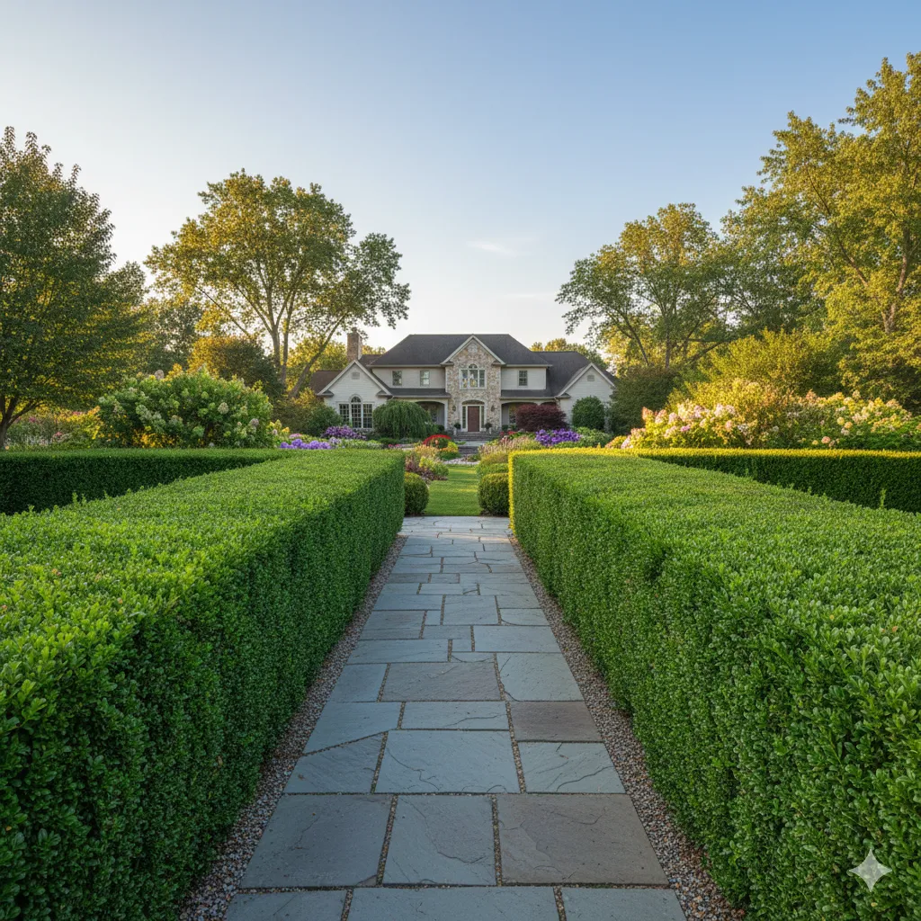 Neatly trimmed boxwood hedge along a pathway