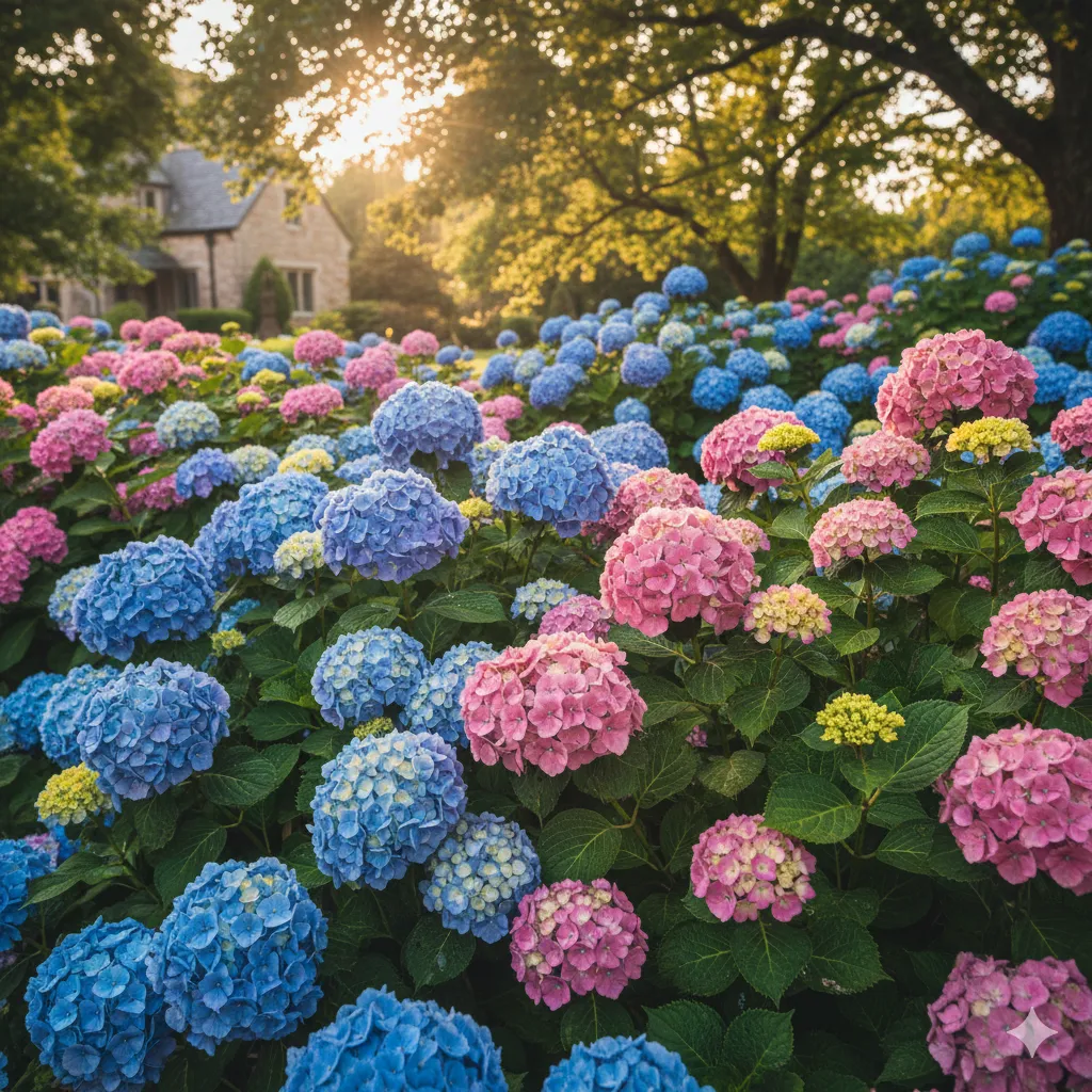Large blue and pink hydrangea blooms in a garden